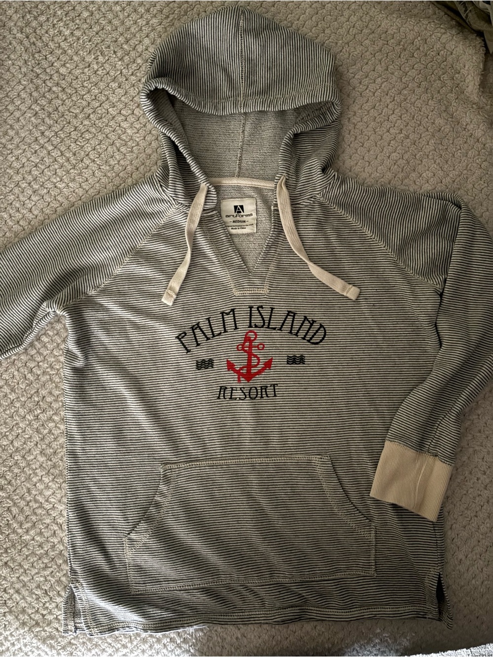 Coastal  style Striped Hoodie with Red Anchor Graphic